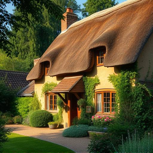 A charming cottage with a thatched roof surrounded by lush greenery in the Cotswolds, England.