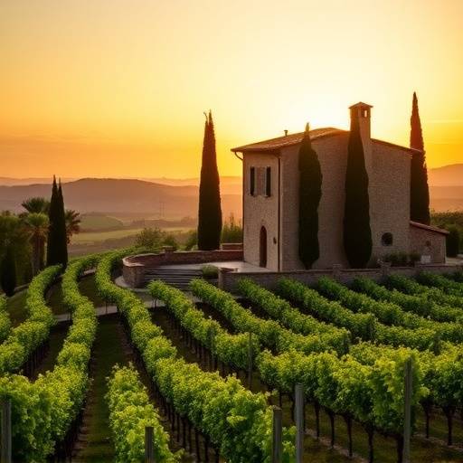 An elegantly designed villa located in Tuscany, Italy, surrounded by vineyards and cypress trees.