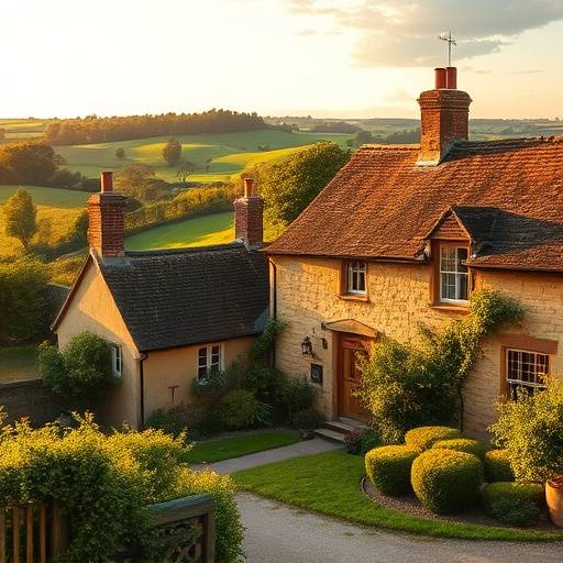 Charming country house in the Cotswolds, England, surrounded by rolling hills and lush greenery.