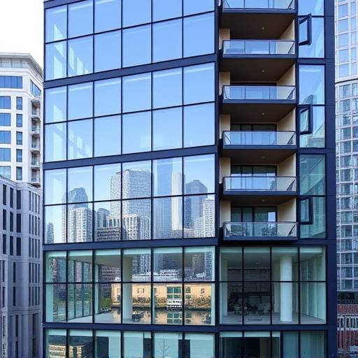 Exterior of a modern apartment building in downtown Seattle with large windows reflecting the city skyline.