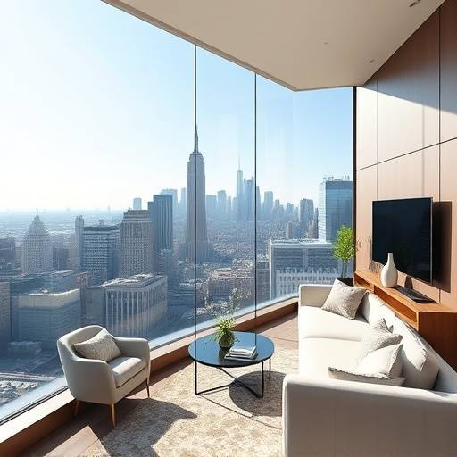 Modern apartment in downtown Manhattan, New York, featuring a sleek design and city skyline views.
